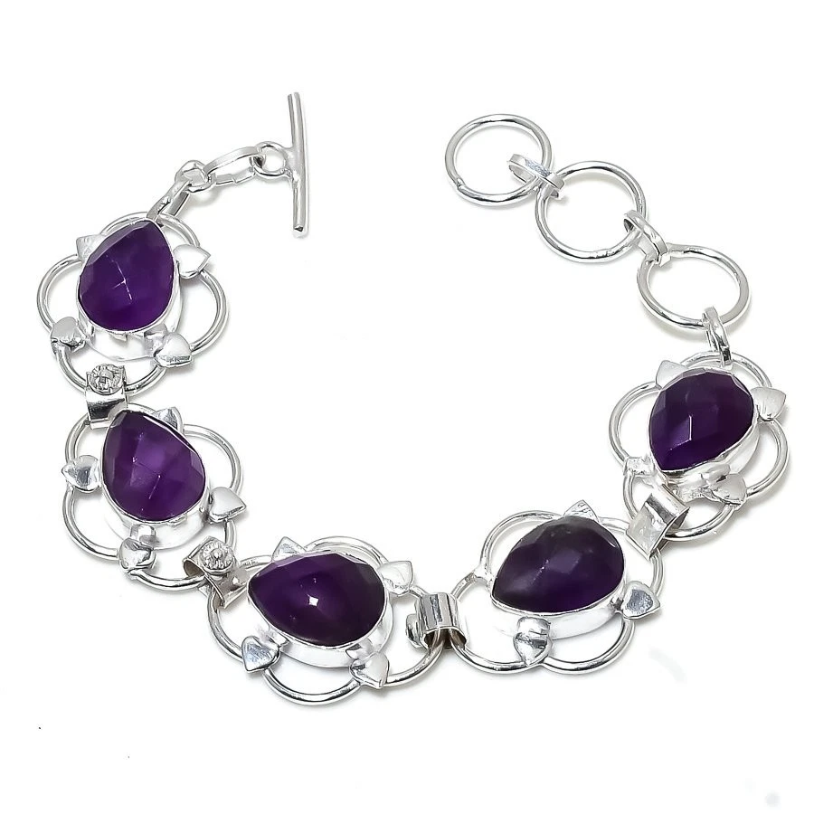 Purple Amethyst Gemstone Handmade 925 Sterling Silver Bracelet 7-8" - Image 1 of 1