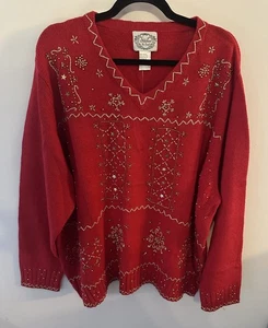 Stitches In Time Urlaub Pullover Gr. 3X verziert rot gold Urlaub V-Ausschnitt NEU - Bild 1 von 6