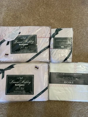 NUEVO DE COLECCIÓN Juego de Sábanas Planas Ajustables Laura Ashley Ticking Stripe Cal King Burlington Foto 1 de 4