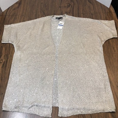 NWT INC Open Front Cardigan Womens XL Metallic White Gold w/ Sequins $80 MSRP - Image 1 of 4