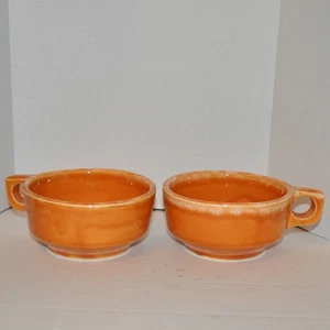 VTG Pair Of Hull Pottery Tangerine Orange Glaze Bowls W/ Handles Oven Proof USA - Picture 1 of 8