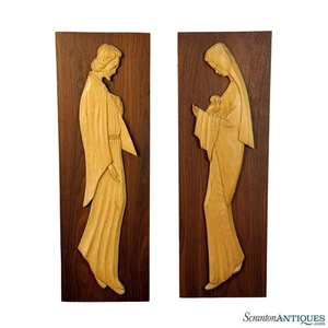 Mid-Century Religious Mary & Joseph Walnut Sculptural Wall Panels - A Pair - Picture 1 of 9