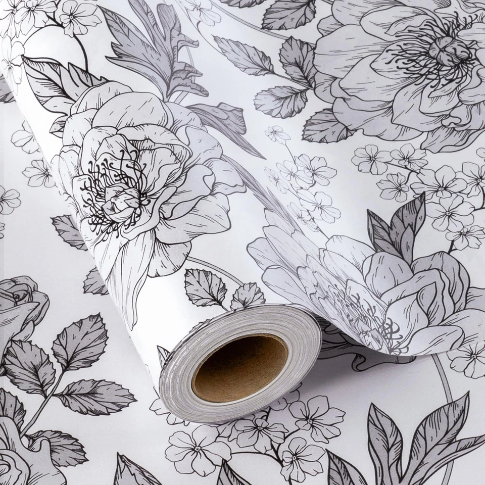 Rolo de papel de embrulho floral cintilante para presente - Rolo Jumbo - Preto e branco perolado... - Imagem 1 de 4