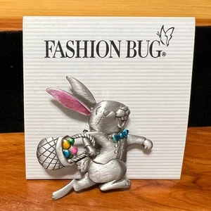 Broche de metal de peltre JJ Jonette de colección conejito de Pascua conejo cesta de huevos NUEVO NOS - Imagen 1 de 7
