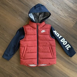 Nike Layered Look Hoodie Jacket Puffer Coat Vest Blue & Red Kids Youth Sz 4/XS - Picture 1 of 10