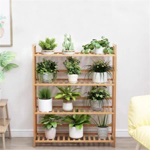 4-Tier Bamboo Bookcase with Adjustable Shelves Storage Shelf Unit Plant Stand US - Picture 1 of 10