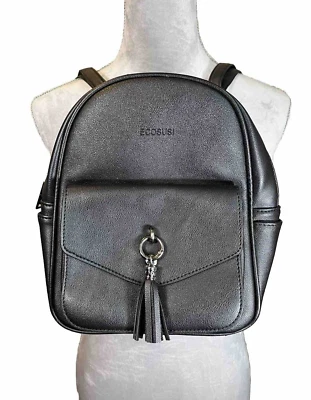 Ecosusi PU Leather Small Black Backpack Outer Pockets Tassel Gunmetal HW 10x8" - Image 1 of 4