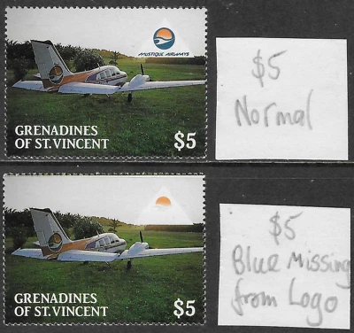 GRENADINES OF St VINCENT 1988. $5 MUSTIQUE AIWAYS x 2 MNH. 1 MISSING BLUE.(B254) - Image 1 of 2