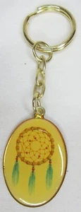 New Dreamcatcher Keychain Oval Yellow Brass Clad Acrylic Red Green - Picture 1 of 2