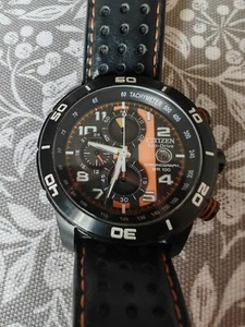 Mens Citizen Primo Chronograph Watch Eco-Drive Black & Orange Quartz CA0467-11H - Picture 1 of 9