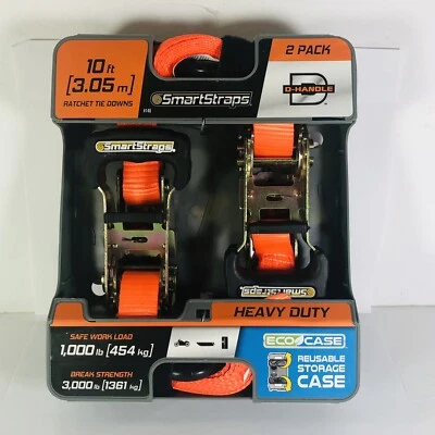 Ratchet Tie Down SmartStraps 2 Pack 1-1/4 " in x 10 ' ft 1000LB Orange D Handle - Image 1 of 4