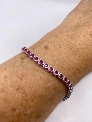 Brazalete tenis mujer zafiro rosa creado en laboratorio corte corazón chapado en oro blanco 14K Foto 1 de 4