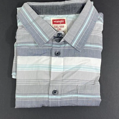 Wrangler Boys Short Sleeve Button-up Shirt XXL Size 18 Gray White Blue Striped - Image 1 of 4