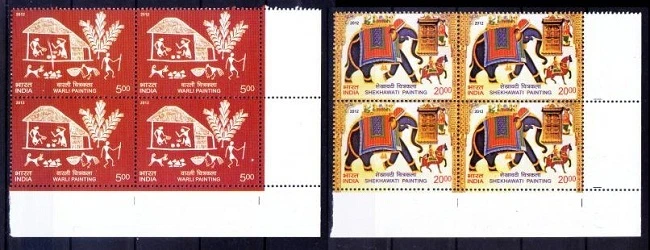 India 2012 MNH 2v Corner Blk, Elephants, Shekhawati, Warli, Painting  - Image 1 of 1