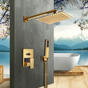 8" Gold Rainfall Shower Head Sqaure 2-Way Mixing Valve Hand Shower Faucet Set - Picture 1 of 10