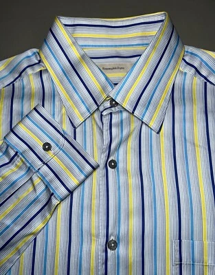 Camisa Ermenegildo Zegna Para Hombres XXL Manga Larga Abotonada Rayas Blanco Azul Amarillo Foto 1 de 4