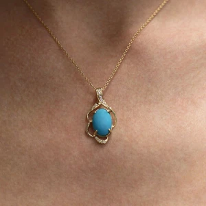 5.25 ctw Natural Turquoise & Diamond Solid 14k Rose Gold Oval Drop Pendant 28 MM - Picture 1 of 9