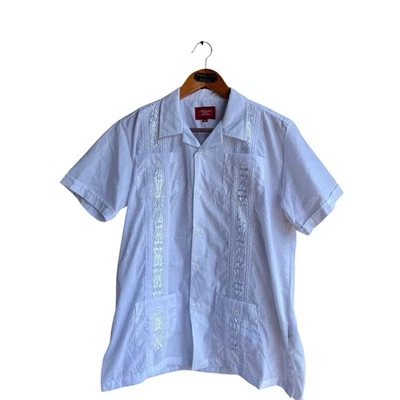 Maximos Men White Guayabera Shirt Embroidered Floral Poly Blend 4 Pocket Size 20 - Image 1 of 4