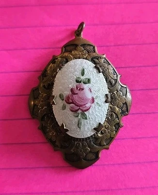  French Guilloche Enamel Secret Locket Pendant Gold & Hand Painted Rose - Image 1 of 4