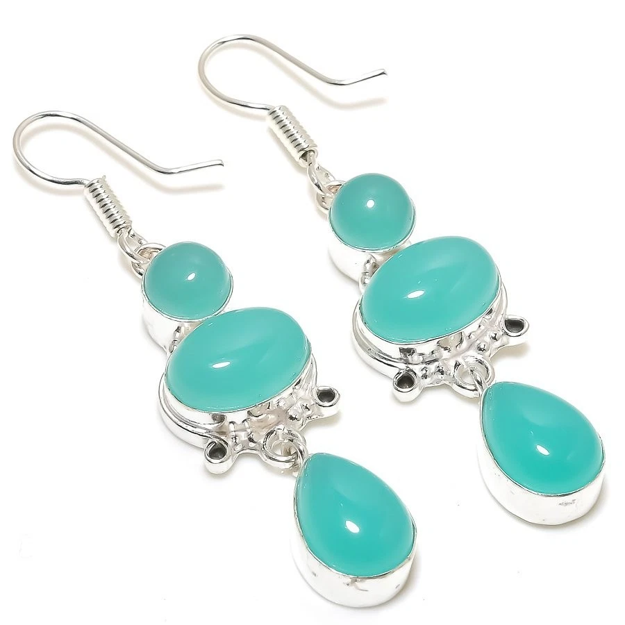 Aquamarine Gemstone Handmade 925 Sterling Silver Jewelry Earring Size 2.5" - Image 1 of 1