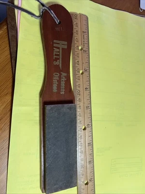 vintage HALL’S Arkansas oil stone on paddle sharping stone - Image 1 of 4