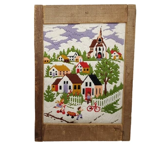 Dorf Stadt Kirche Nachbarschaft Crewel Kinder Finish gerahmte Stickerei - Bild 1 von 3