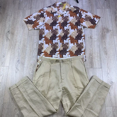 NWT Silver Silk Linen Geometric Brown Beige Leisure Suit 44 Size Pants Men 3XL - Image 1 of 4