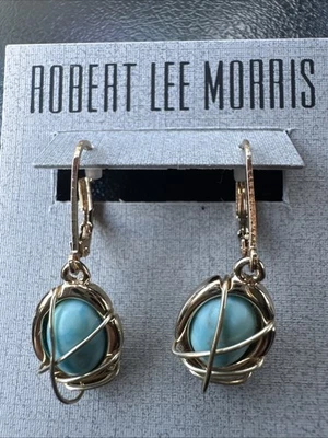 ROBERT LEE MORRIS SOHO GOLD TONE TURQUOISE CABACHON LEVER BACK DROP EARRINGS  - Image 1 of 4