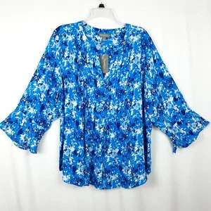 Style & Co Womens 2X Blue White Pintuck Top Blouse 3/4 Sleeve Bell - Picture 1 of 23