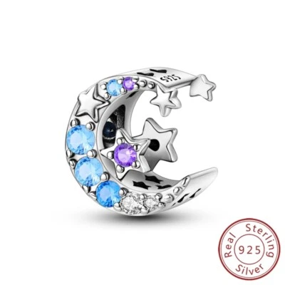 MULA Frauen 925 Sterling Silber DIY Charm Blau CZ Hohl Mond Stern Für Armband - Bild 1 von 4