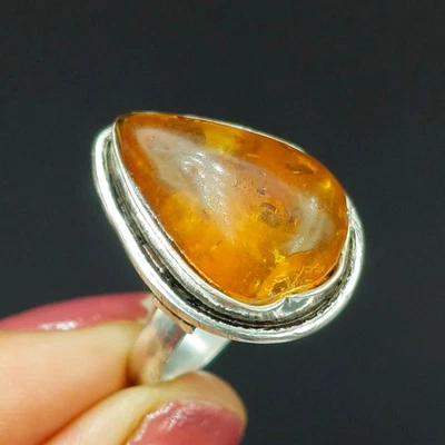 Joyería de plata 925 con piedras preciosas de ámbar natural hecha a mano, anillo talla 7 EE. UU. Foto 1 de 4