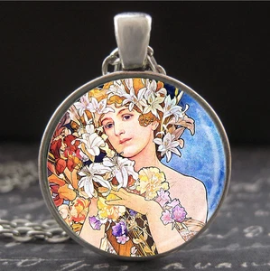 Collar Colgante Estampado Arte Enmarcado Alphonse Mucha Flores Art Nouveau Retrato - Imagen 1 de 3