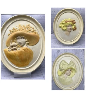 3er Set Jugendstil Duncan Keramik 3D Wandrelief Elegant Damen Portraits - Bild 1 von 22