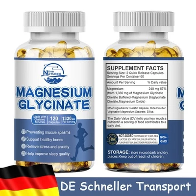 NATURE'S LIVE Magnesium 120 Kapseln 1330mg Hochdosiert Knochen Zähne Glycinat von Magnesium