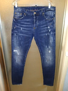 DSQUARED2 Skater Jeans Blue Stretch Distressed Paint Spatter Button Fly Size 52 - Picture 1 of 19