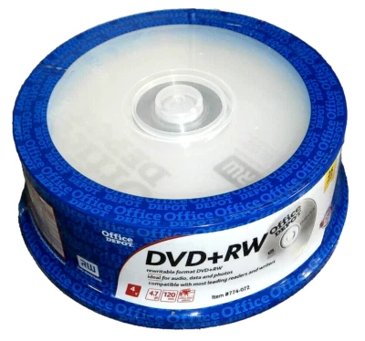 25 PACK OFFICE DEPOT DVD+RW 4X   4.7GB 120 MIN. BLANK MEDIA ORIGINAL CASE SEALED - Image 1 of 4