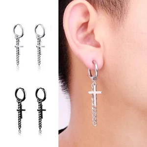  2X ORECCHINI A CERCHIO IN ACCIOIO CIONDOLO CROCE CLASSICO E CATENA UNISEX PUNK - Bild 1 von 7