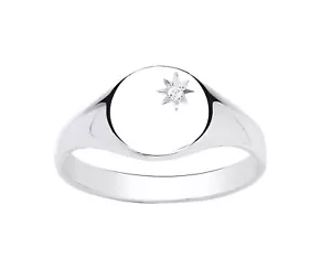 Diamond Signet Ring Solid Sterling Silver Ladies Oval - Picture 1 of 2