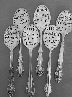 Herb Marker Stamped Spoons, Funny set of 6, Gift for friend plant veggie herb  - Imagem 1 de 4