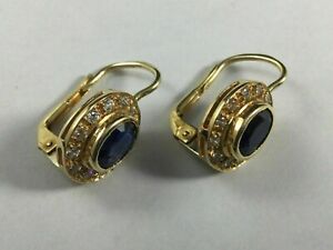 14K Yellow Gold Plated 2.5Ct Oval Cut Simulated Blue Sapphire Halo Stud Earrings