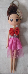 Fashion Doll Keychain Bookbag Zipper Pull Girl Pink Dress Curly Hair Purple Bow - Picture 1 of 9