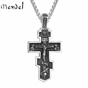 MENDEL Mens Russian Orthodox Crucifix Cross Pendant Necklace Stainless Steel Men