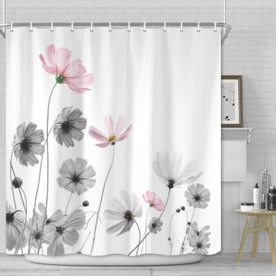  Gray Flowers Shower Curtain, Daisy Floral Simple and Fresh Elegance Pink - Image 1 of 4