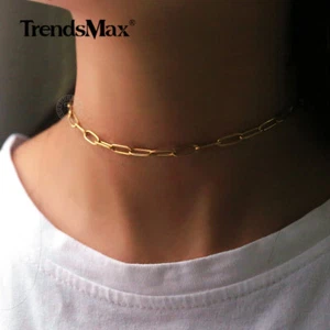 4mm 16" Gold Plated Stainless Steel Paperclip Chain Necklace Choker for Womens - Picture 1 of 4