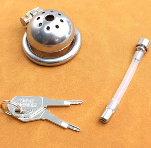 Male Chastity Cage Trumpet Tube Sounds Plug Short Super Small Lock Ring Device - Picture 1 of 37