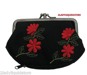 BOLSO BOLSO BOLSO DE MONEDAS BORDADO NEGRO ROSA ROJO GRANDE 3 COMPARTIMENTOS EMBRAGUE CREMALLERA A PRESIÓN - Imagen 1 de 3