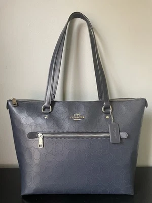 Rare COACH Gallery Tote Bag Perforated Signature Logo Midnight Blue Leather - Image 1 of 4
