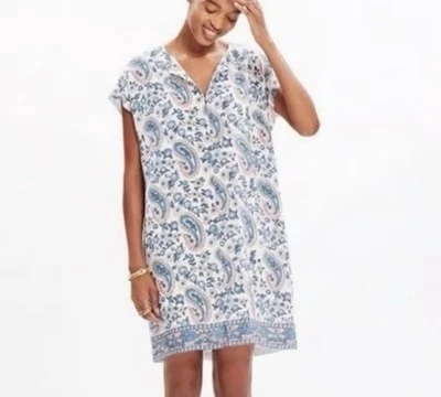 Madewell синий и розовый пейсли 100% шелк V шеи Shift платье женщин L - Изображение 1 из 4