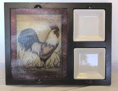 Cypress, Rooster Glass Cutting Board, W/2 Ceramic Dishes in Wood Holder Set - Image 1 of 4