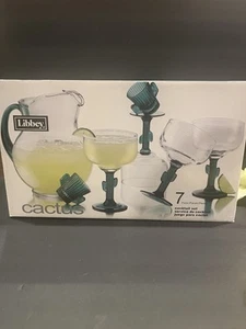 Libbey Green Cactus Stem Margarita Set 7 Pieces. HIGH QUALITY GLASS GLASSWARE - Picture 1 of 8